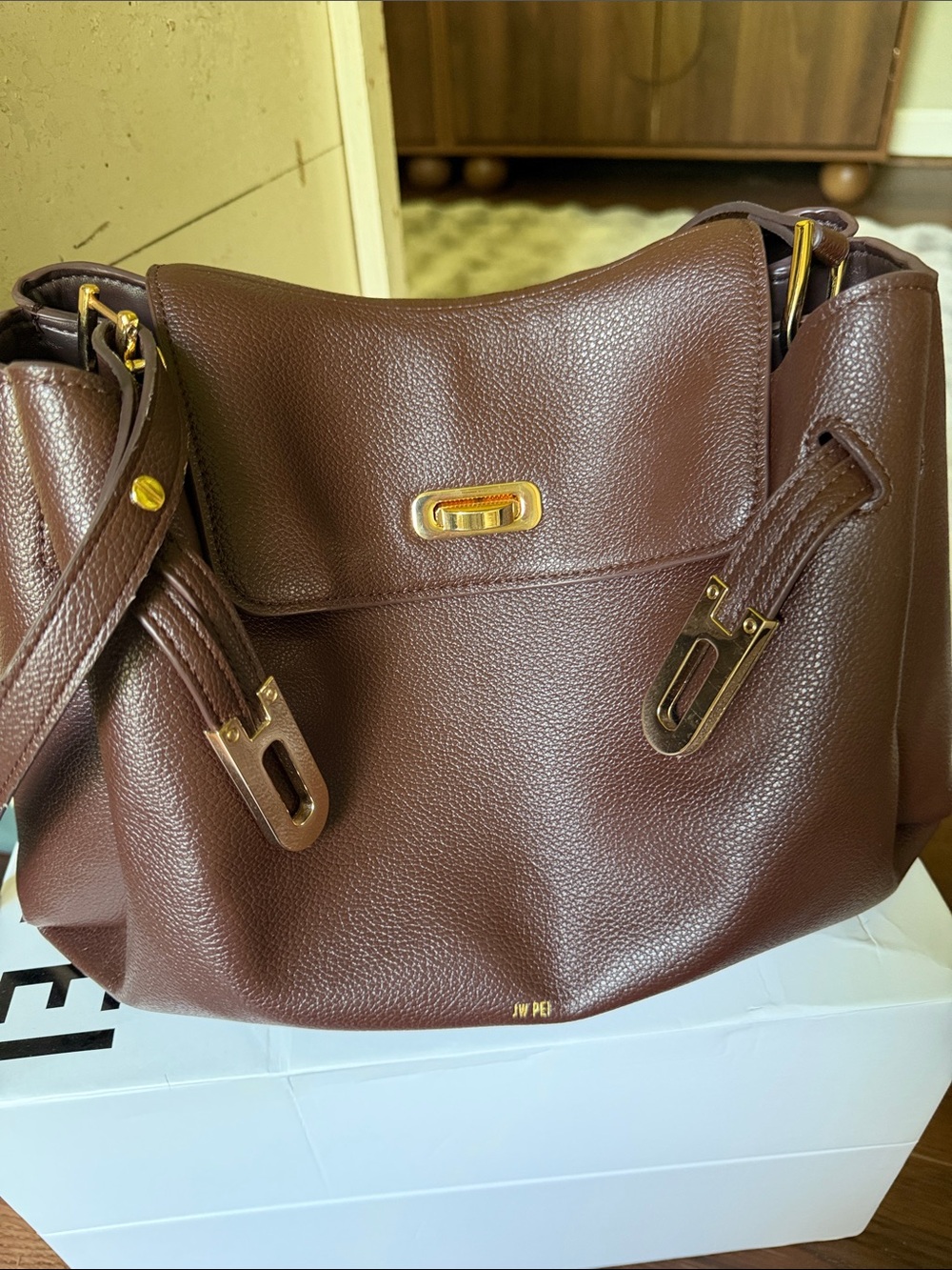 JW PEI Chocolate Brown Vegan Leather Shoulder Bag with Gold Accents - Picture 12 of 17